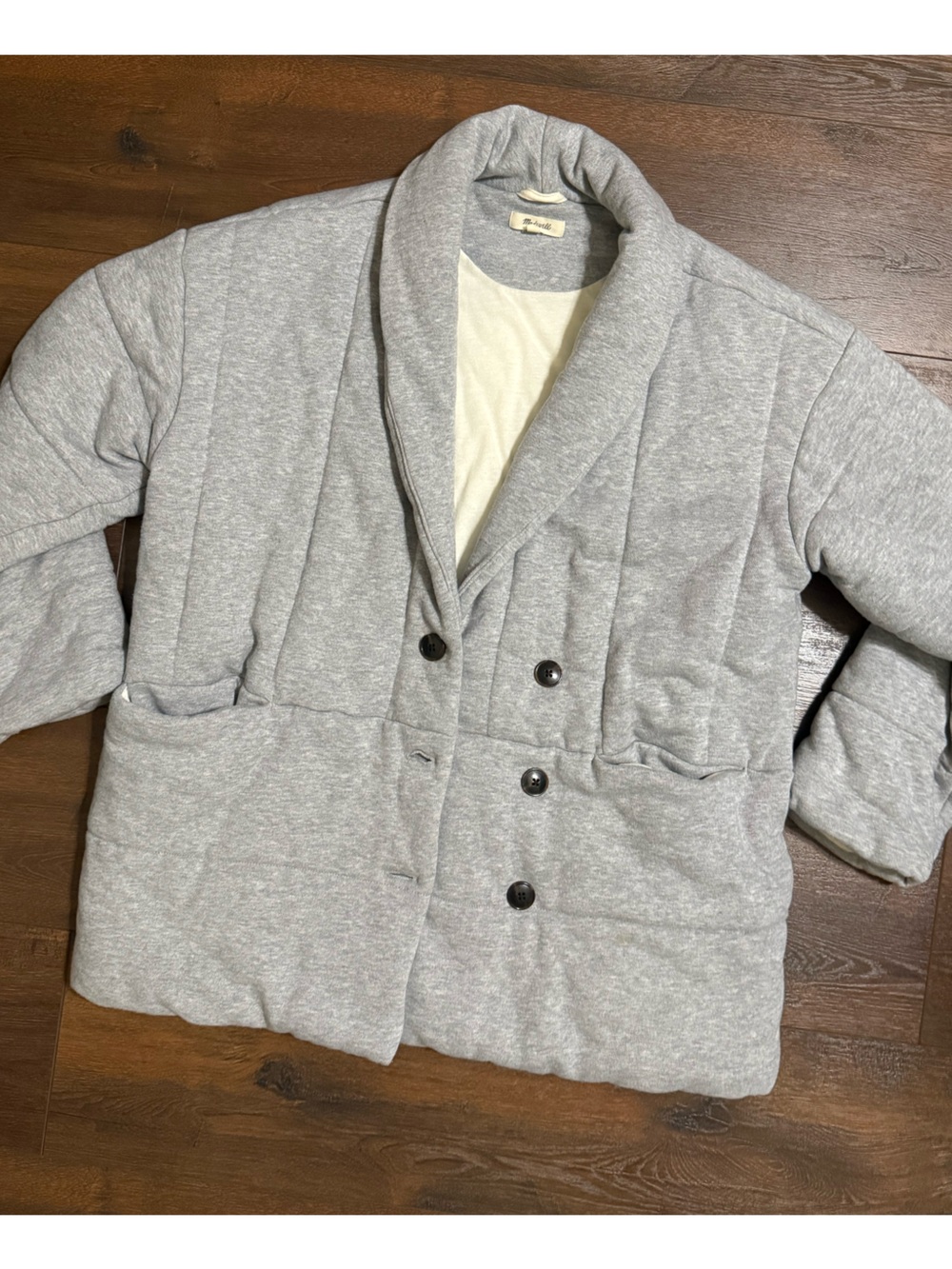 Madewell Shawl Collar Puff Quilted Gray Sweatshirt with Cream Lining